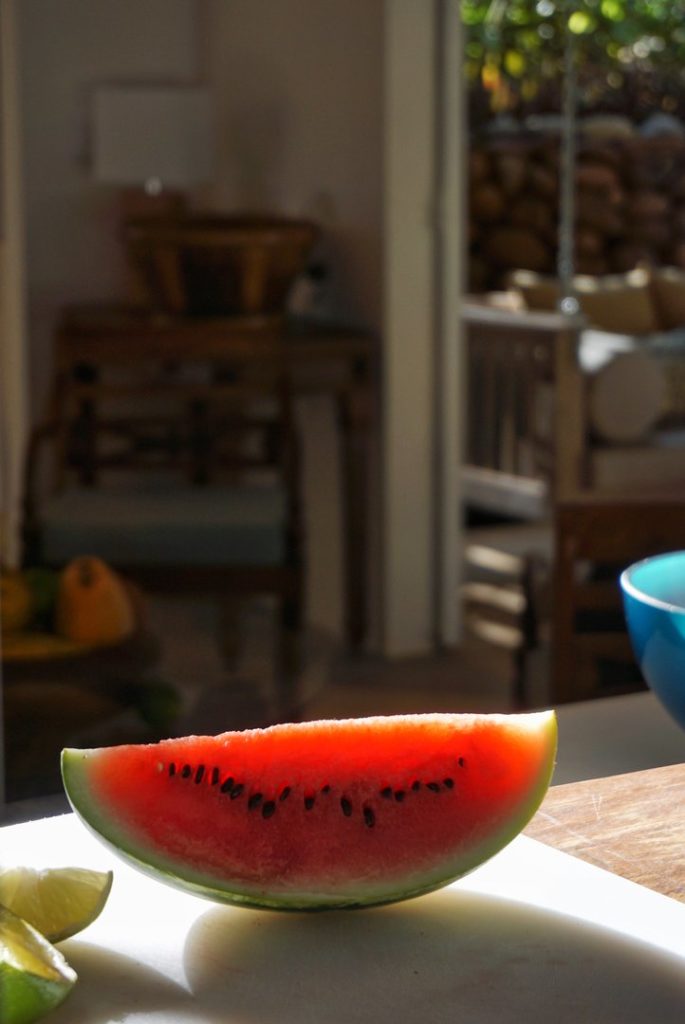A tasty snack in Costa Rica is a slice of fresh watermelon, locally grown.