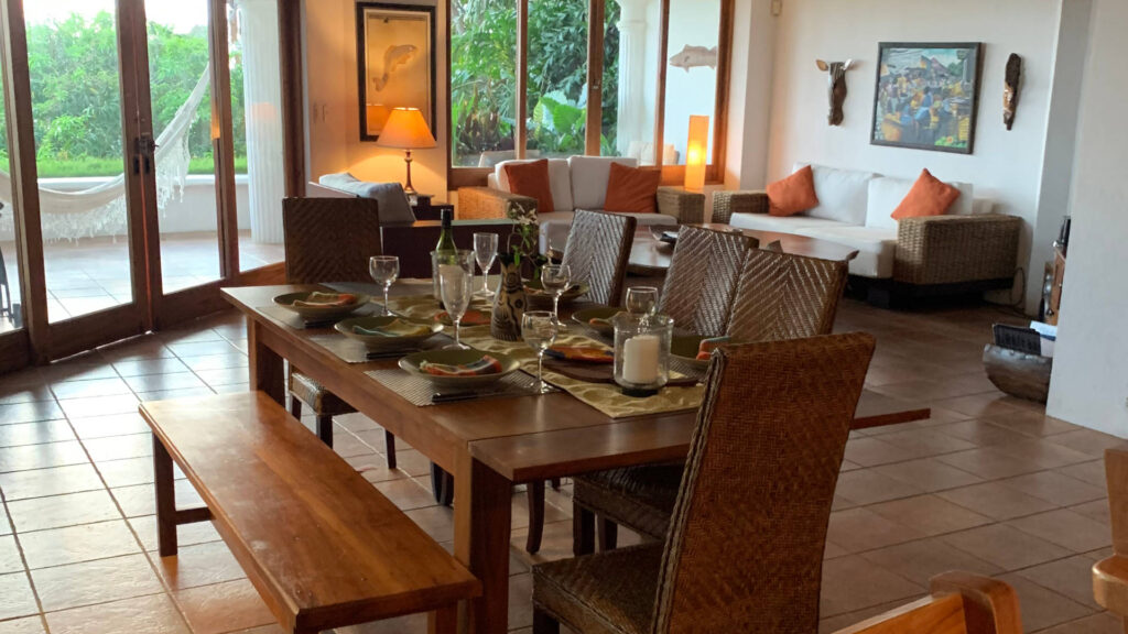 This beautiful natural dining table and chairs can seat up to eight guests for a truly memorable meal with a view.