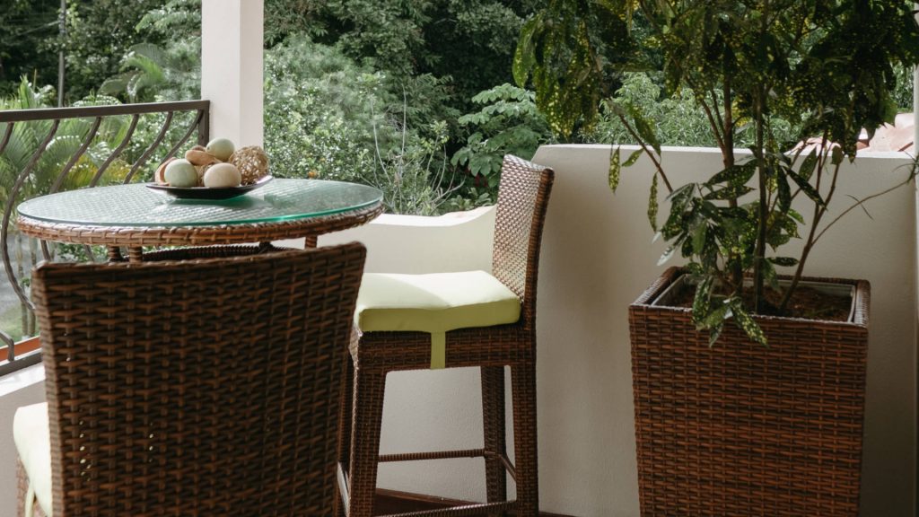 This small outdoor seating area is perfect for a morning coffee and looks out over the entrance of the villa.