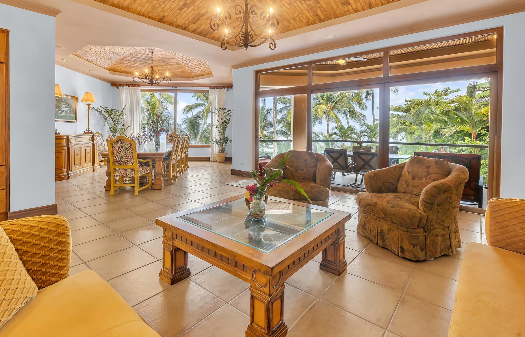 Open-concept living room with ocean views at a luxury beachfront vacation villa in Playa Tambor, Costa Rica.