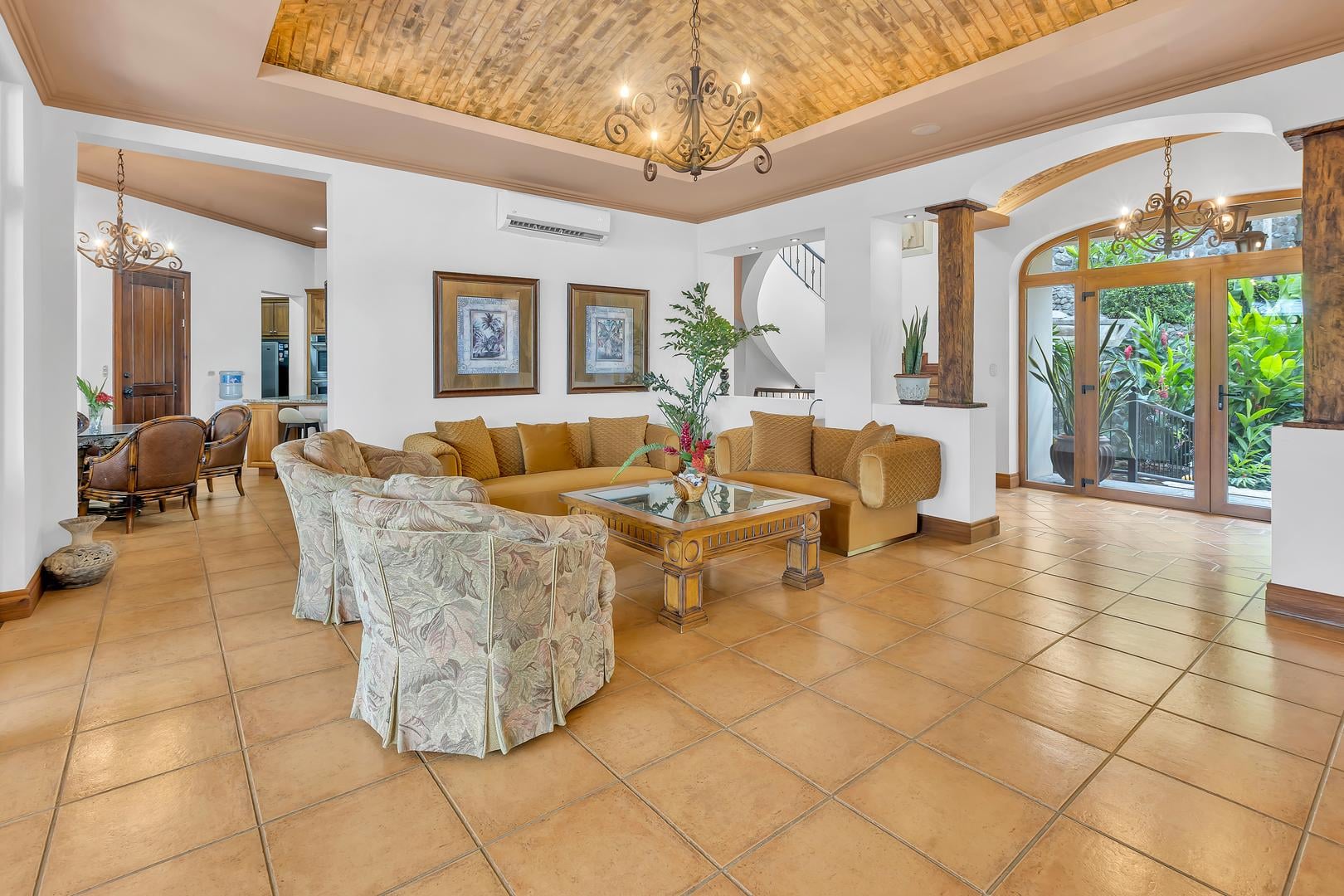 Spacious living room at a luxury beachfront vacation villa in Playa Tambor, Costa Rica.