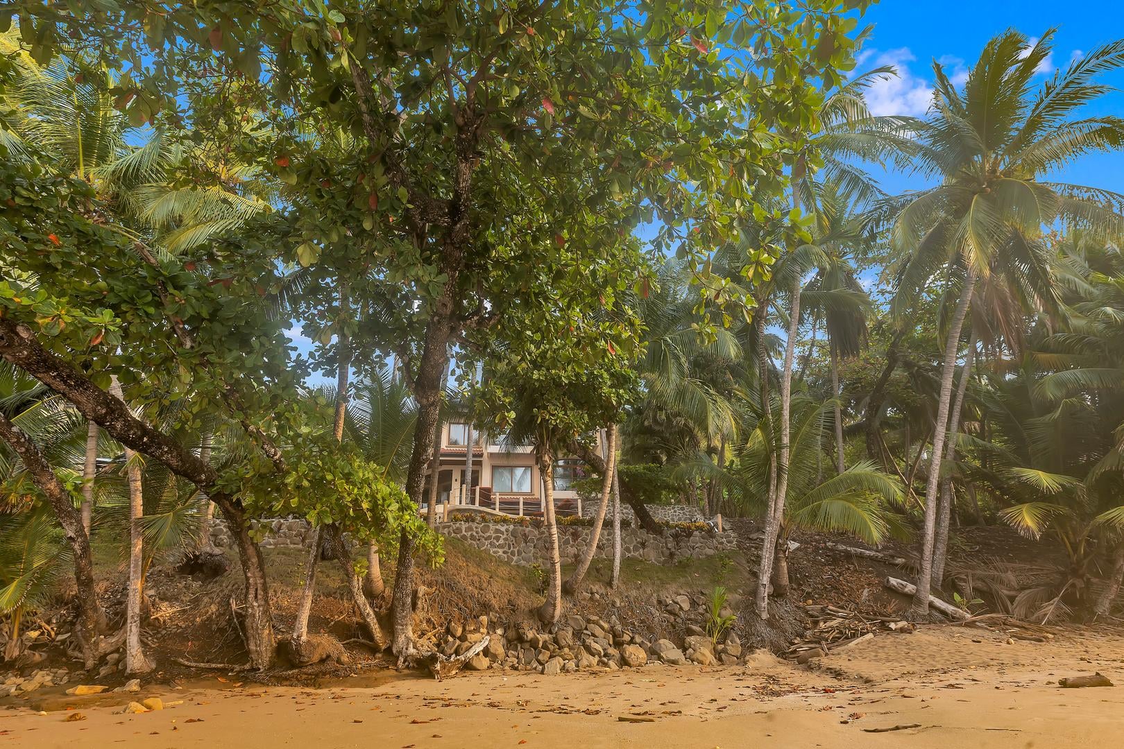 Luxury beachfront vacation villa surrounded by tropical palm trees on Playa Tambor, Costa Rica.