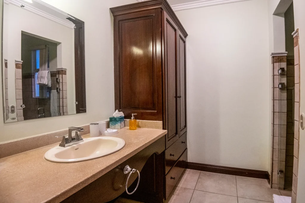 A clean and spacious ensuite bathroom with vanity counter, built-in cabinetry, and walk-in shower.