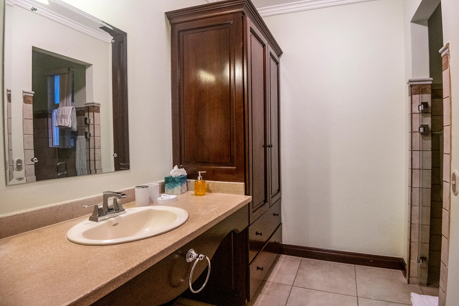 Ensuite bathroom with sink vanity, wood cabinetry, mirror, and tiled walk-in shower inside a Los Sueños villa.
