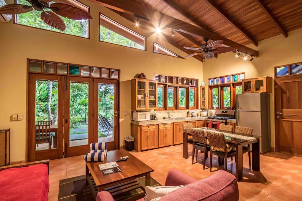 High vaulted ceilings and large windows give the villa a bright and airy vibe.