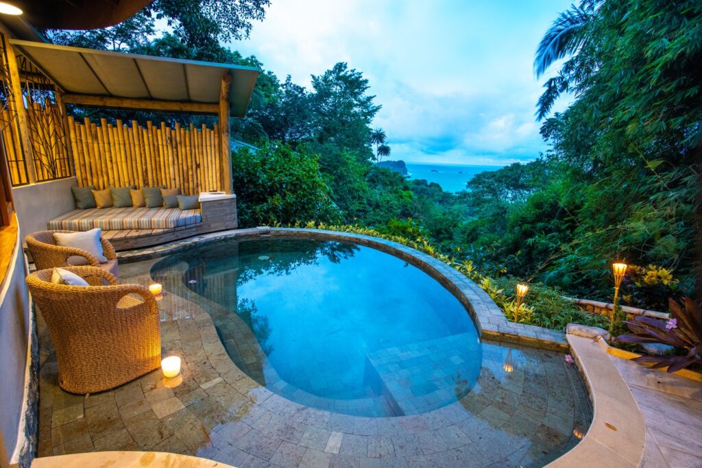 An evening out by the splash pool on the main level offers a gorgeous view of the Pacific.