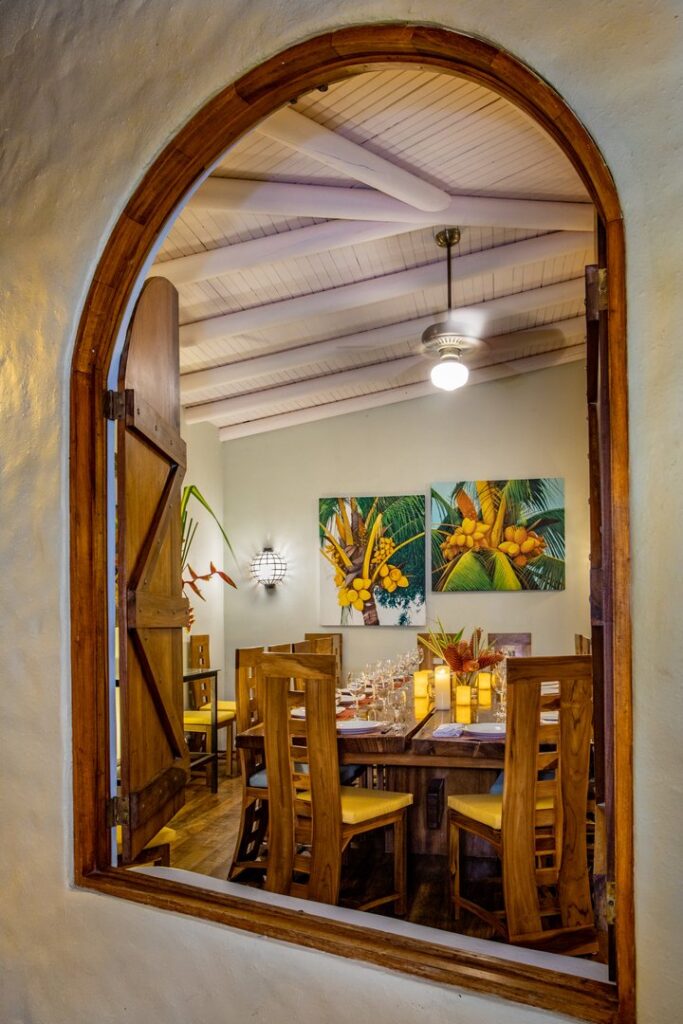 There is a tropical vibe to this beautiful evening view through the dining room window.