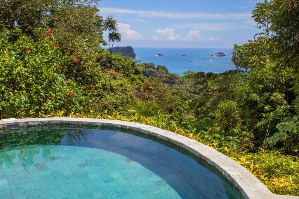 Sitting in the middle of a lush jungle, the villa has several ocean views.