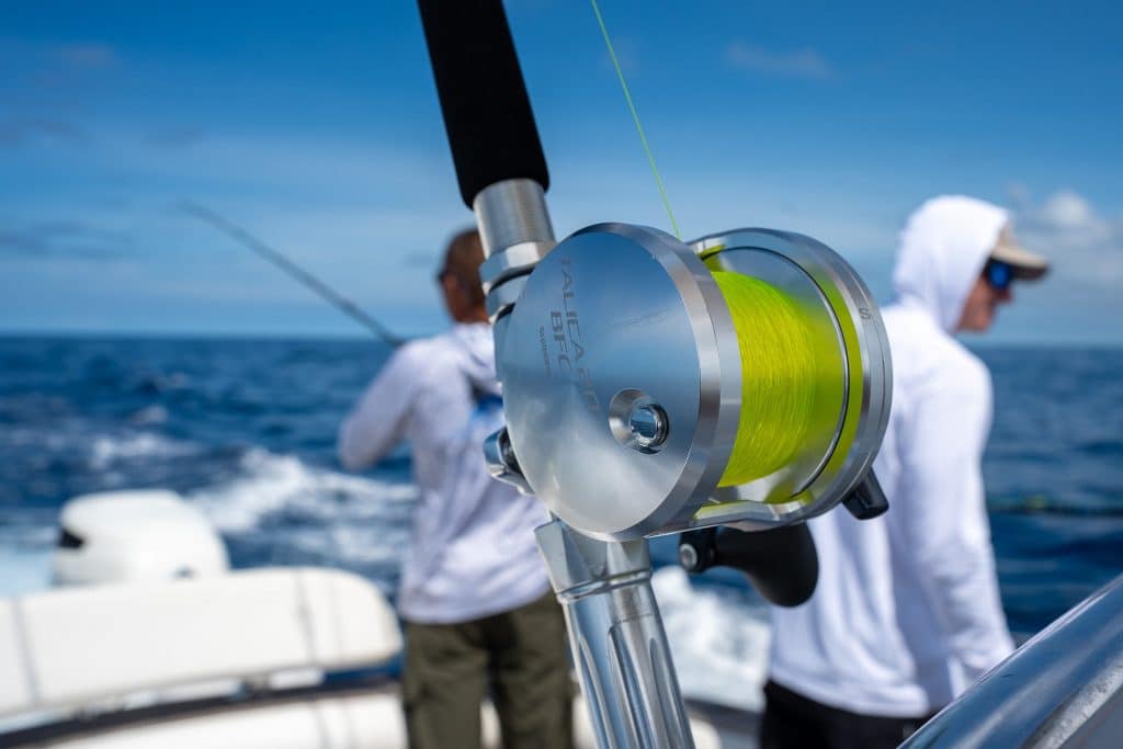 Deep sea fishing rod and reel on a boat in the Pacific Ocean near Los Sueños Costa Rica.