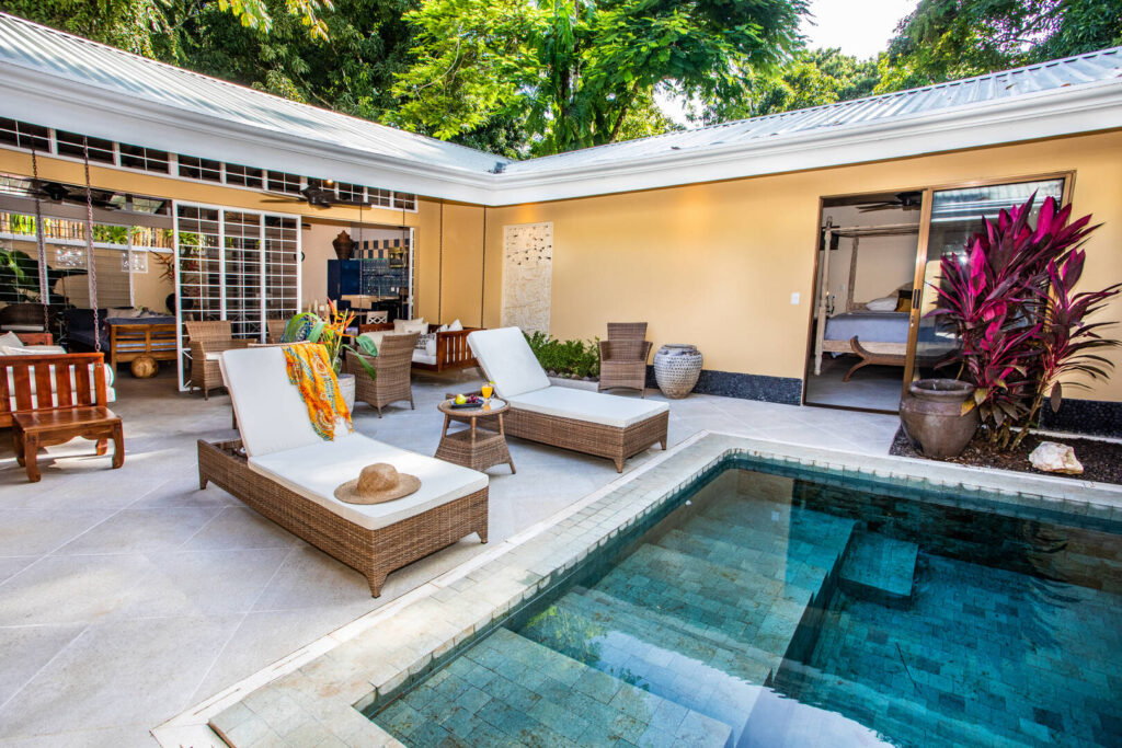 The pool is designed for easy entrance with built-in steps. 