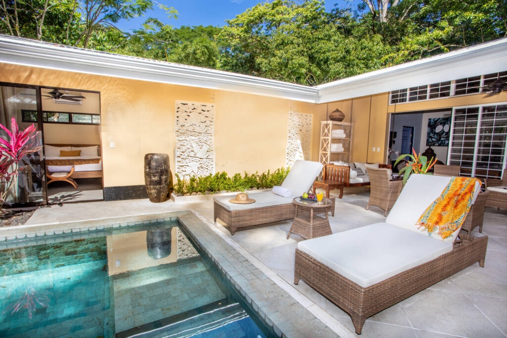 The pool area at this beautiful Manuel Antonio villa has entrances from two bedrooms and the great room. 