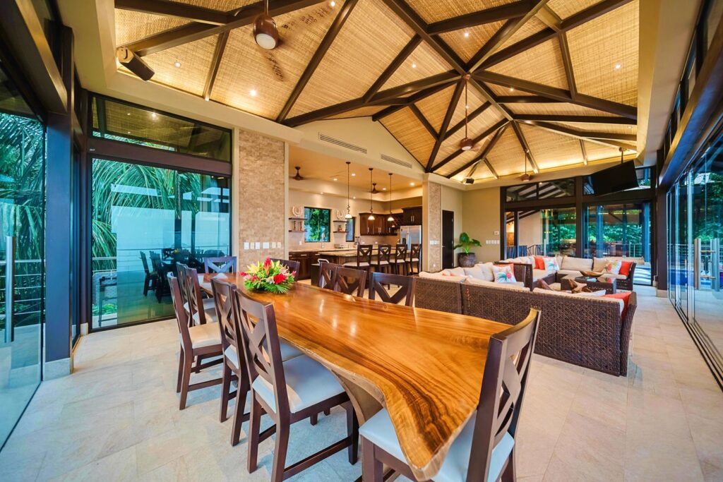A long dining table invites the entire group to gather and share meals together.
