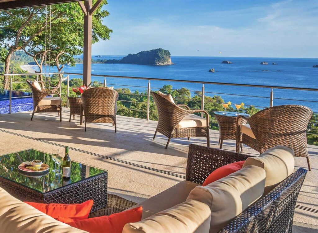 Relax with friends and family on breezy terraces overlooking the Pacific.