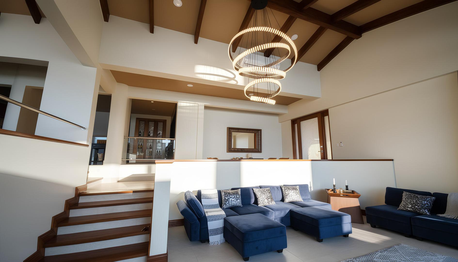 Open-concept living room with vaulted ceilings in a luxury beachfront vacation villa in Costa Rica