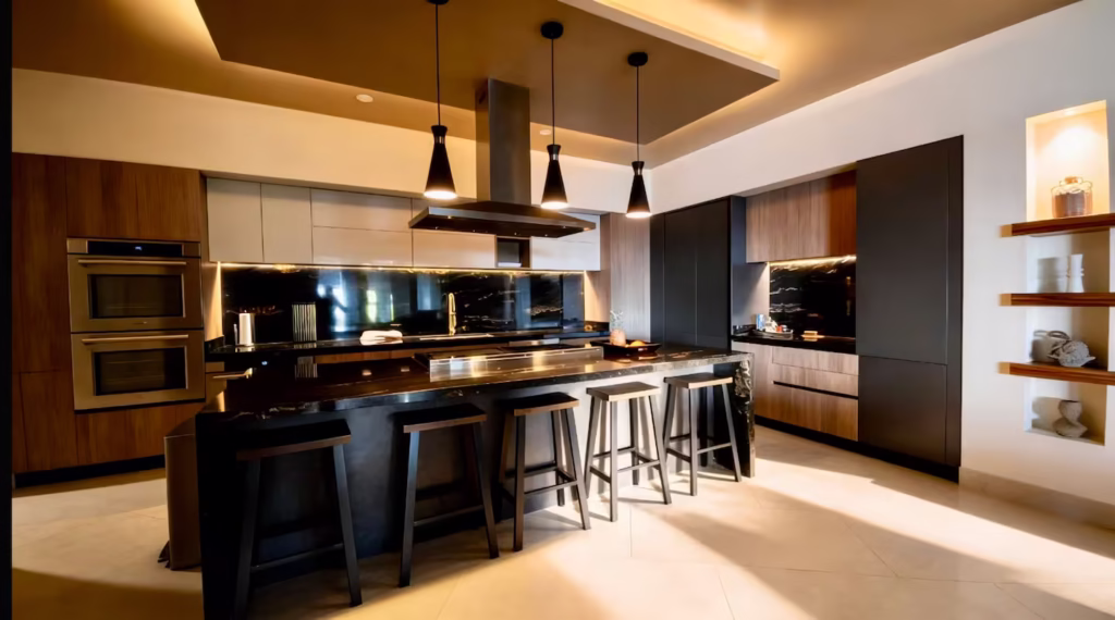 A spacious gourmet kitchen and adjoining bar create a welcoming space for family breakfasts, private chef dinners, and evenings spent together.