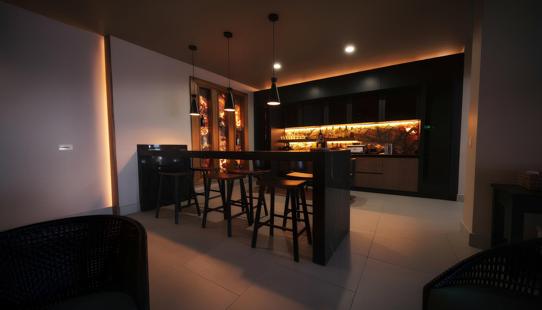 Entertainment bar with illuminated cabinetry in a luxury Costa Rica vacation villa