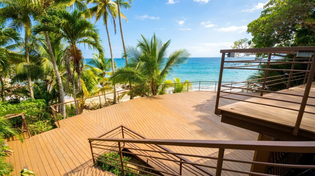 An expansive oceanfront deck overlooking the Pacific creates an unforgettable setting for outdoor dining, celebrations, and sunset gatherings.