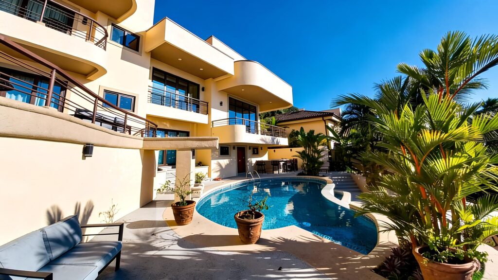 Private swimming pool surrounded by tropical gardens at a luxury vacation villa in Costa Rica