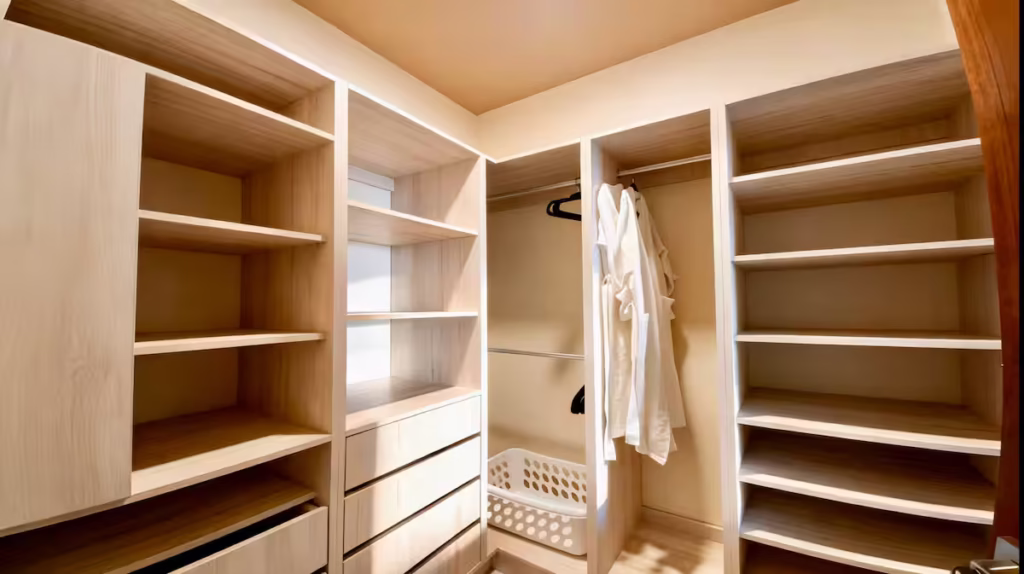 A generous walk-in closet provides custom storage, helping guests stay organized during extended vacations.