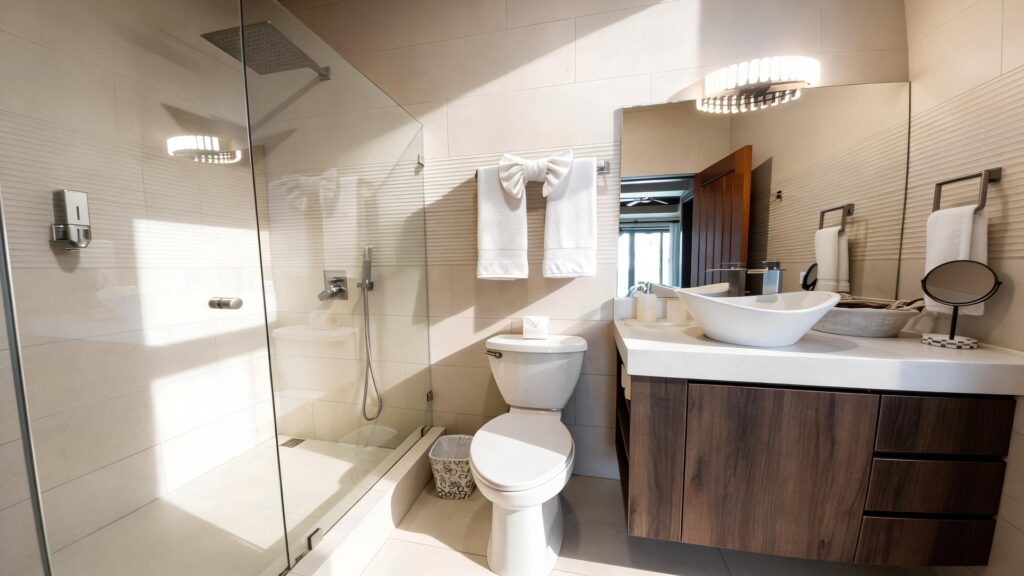A bright ensuite bathroom combines contemporary finishes, a spacious walk-in shower, and everyday comfort for a relaxing stay.